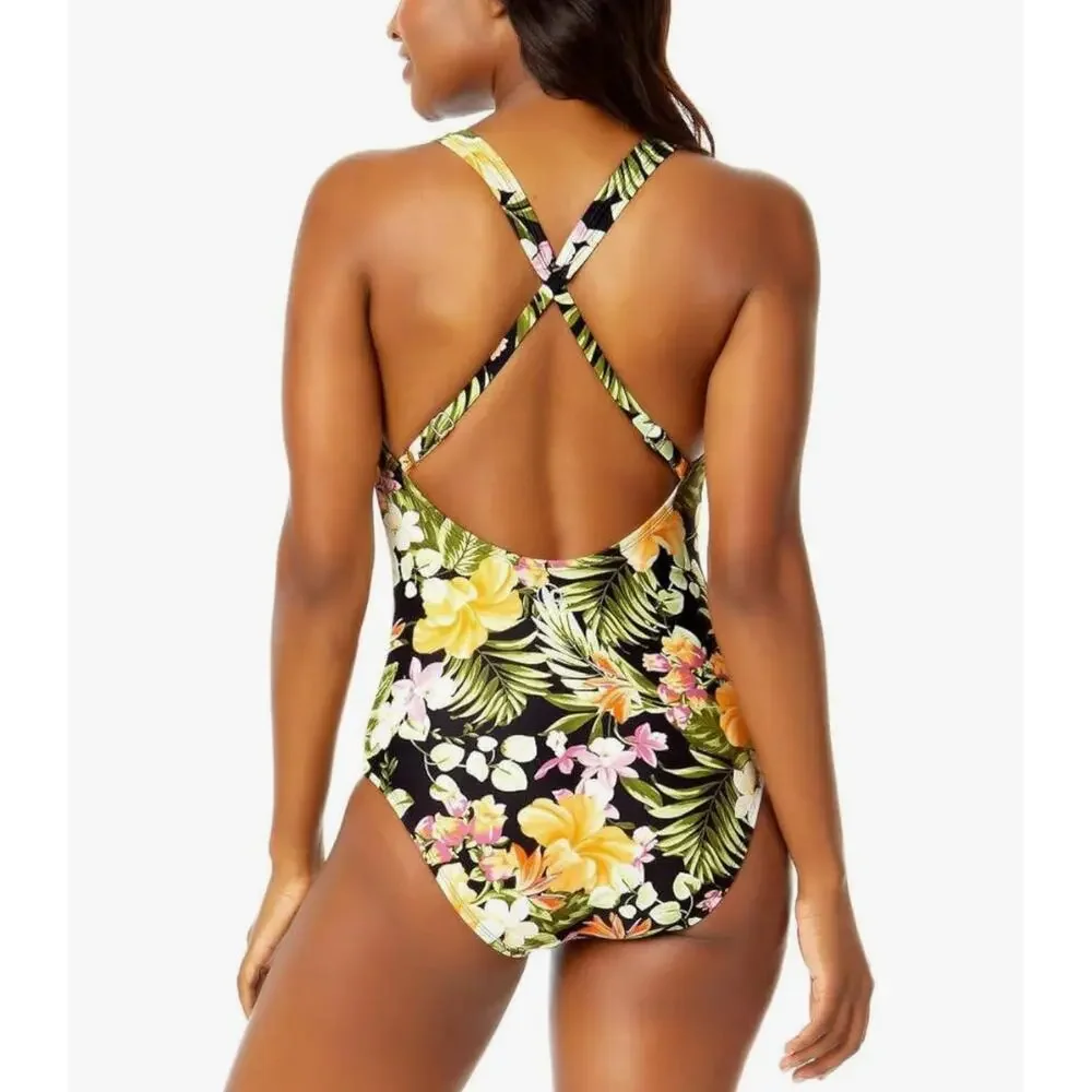 NWT Hurley Floral  One-Piece UPF 50+ Stretch Swimsuit‎ Orange Waikiki Wonder XXL